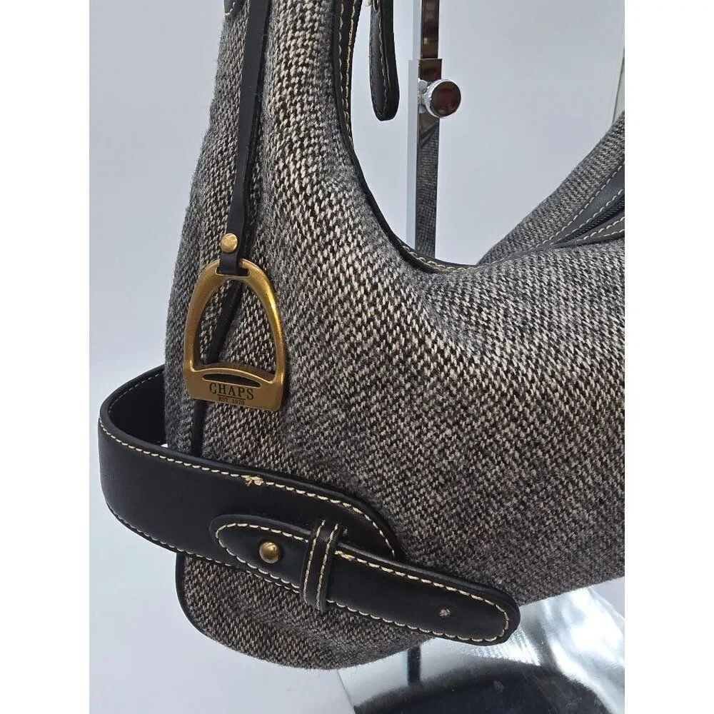 Chaps Tweed & Leather Hobo Shoulder Bag With Brass Accents old money academia